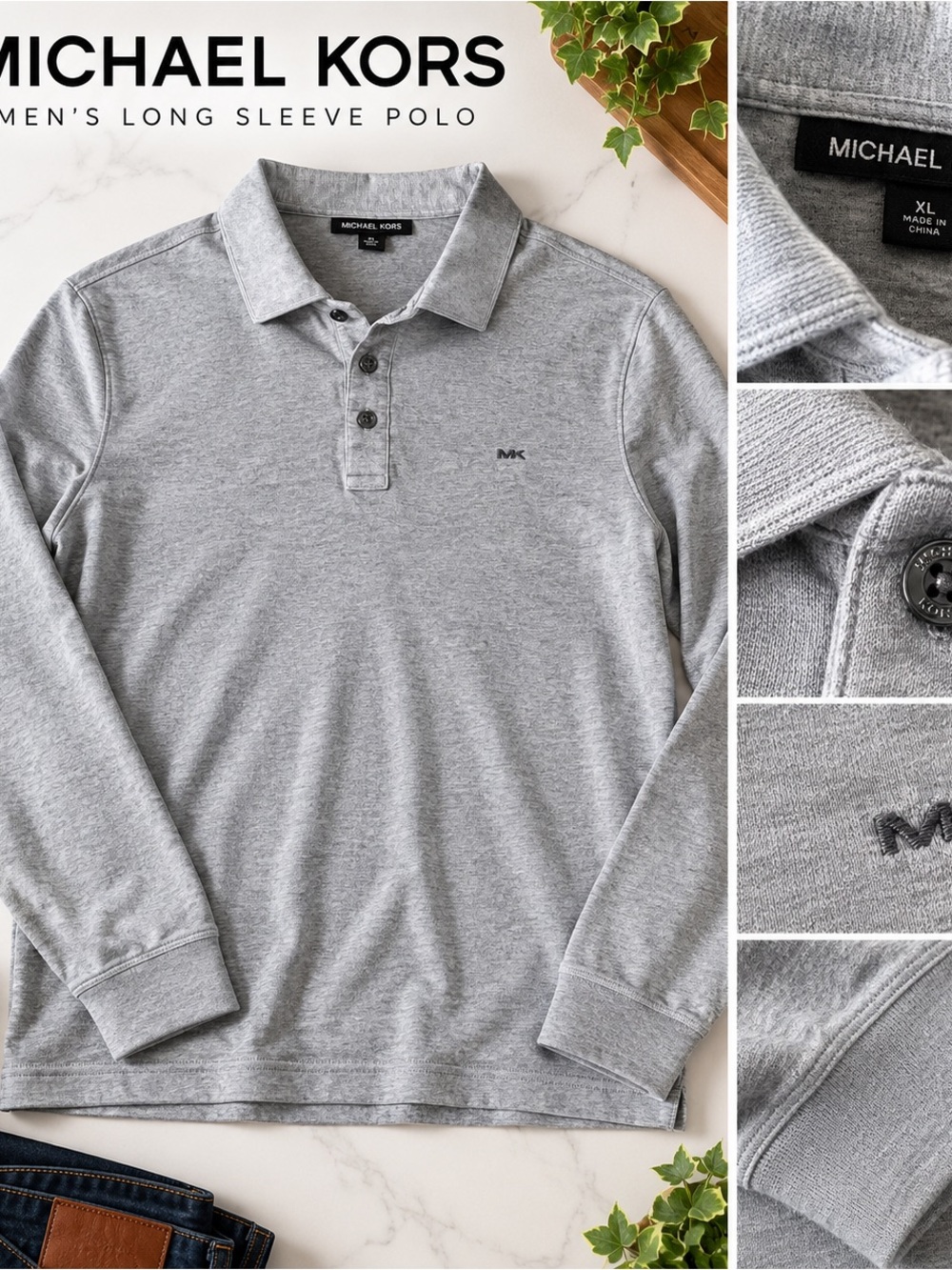 Michael Kors Men’s XL Grey Long Sleeve Polo – Embroidered MK Logo